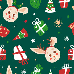 Christmas seamless pattern in cartoon style. Rabbit symbol of Chinese New Year 2023. Gifts, stars, party hats, deer horns, Christmas trees, snowflakes. For wallpaper, fabric, wrapping, background.