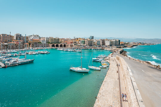 Heraklion harbour, crete island, greece: old venetian port and fortress of the biggest cretan city