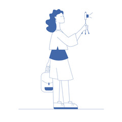 Fototapeta premium Woman tourist taking photos on a trip. Tourism concept. Vector illustration in outline style