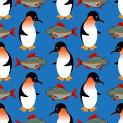 Fishing seamless pattern. Penguin with fresh fish background. Winter landscape on background. Funny polar winter texture.