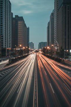 Fototapeta Vertical shot of an asphalt road with long exposure light effect surrounded by high buildings