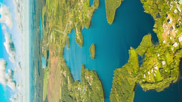 Vertical, Vertical Shot Time lapse Dronelapse Hyperlapse Of Lyepyel Cityscape Skyline In Morning. Autumn Morning Fog Above Lepel Lake. Top View Of European Nature From High Attitude In Autumn. Lyepyel