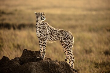 Selective focus of a Northwest African cheetah on top of a rock in a farmland