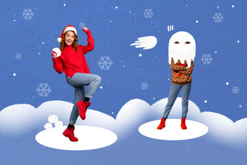 Creative photo collage illustration of funny playful friends girls playing snowballs outdoors in...