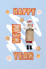 Vertical photo collage illustration of funny positive cheerful santa claus hold cup wish happy new...