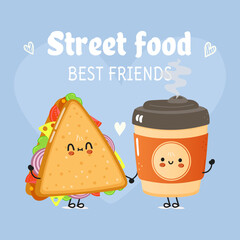 Cute happy coffee and sandwich card. Vector hand drawn doodle style cartoon character illustration icon design. Happy coffee and sandwich friends concept card