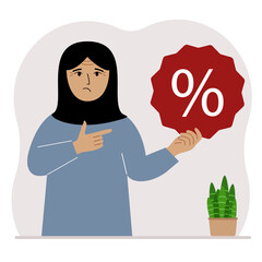 A woman holds a percent sign in his hand. The concept of percentage, discount, promotion, interest rate, percent discount in shopping.