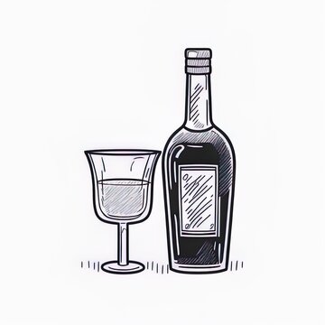 Liquor bottle and glass outline icon on white background. Black white cartoon sketch graphic design. Doodle style. Hand drawn image. Party drinks concept. Freehand drawing style. High quality