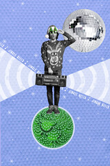Vertical creative photo collage illustration of funny impressed guy stand on green ball hold...