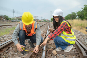 Two engineer working at train station,Work together happily,Help each other analyze the problem,Consult about development guidelines