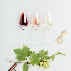 Flat-lay of red, rose and white wine in glasses on white background