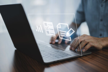 Documents management information system concept, Businessman using computer internet for Documents management information system and ERP program data directory in company, ERP document management © Suriyo