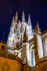 The Burgos Cathedral at night in Castilla y Leon, Spain. Unesco World Heritage Site.
