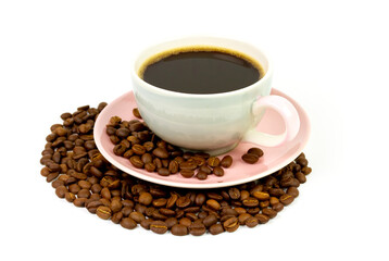 Coffee cup with roasted beans isolated on white background.