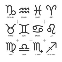 Zodiac horoscope astrological thin line label linear design esoteric stylized elements symbols signs. Vector illustration icons