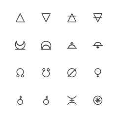 ASTROLOGY ELEMENTS zodiac horoscope thin line label linear design esoteric stylized elements symbols signs. Vector illustration icons