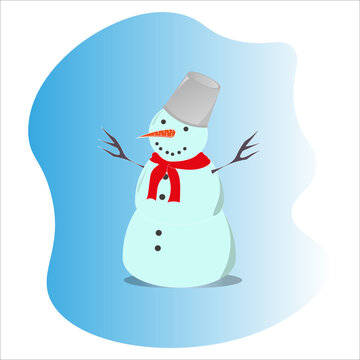 Cheerful snowman with a bucket on his head and in a red scarf with branches instead of hands on a blue background