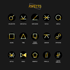 ASPECTS zodiac horoscope thin line label linear design esoteric stylized elements symbols signs. Vector illustration icons