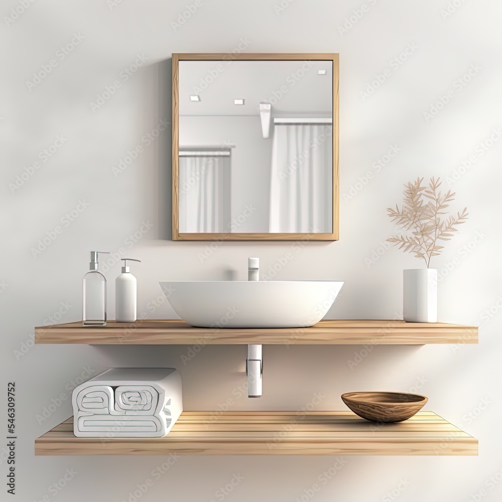 Wall mural White bathroom sink standing on a wooden shelf. A square mirror hanging on a white wall. A close up. 3d rendering High quality illustration