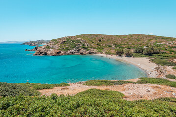 itanos beach, crete island, greece: beautiful sandy coast with natural environment near the cretan city of Sitia  - obrazy, fototapety, plakaty