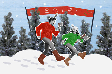 Exclusive magazine picture sketch image of funny excited couple walking forest cutting xmas pine...
