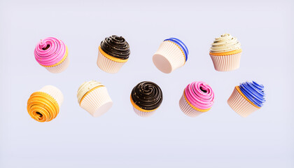 Obraz premium Various decorated cakes in motion fall on a blue background. Sweet and colorful donuts fall or fly in motion. 3d illustration.