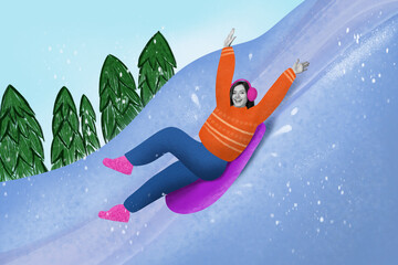 Creative photo collage 3d illustration of positive good mood cheerful carefree woman rolling down snowy hill fir tree snow on background