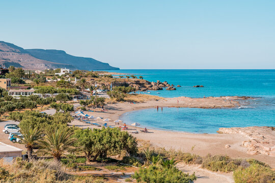 xerokampos sitia, crete island, greece:  beautiful beach without people and colorful sea at western crete
