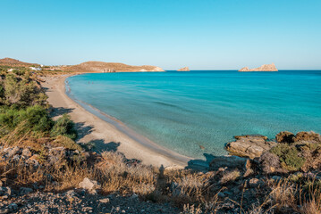 xerokampos sitia, crete island, greece:  beautiful beach without people and colorful sea at western crete - obrazy, fototapety, plakaty