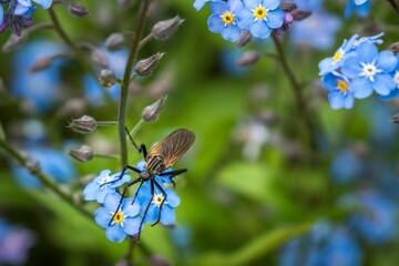 High-angle macro shot of a mosquito on the blue bulbs of Scorpion grasses