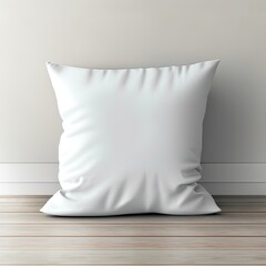 Blank white soft square pillow on a wooden floor near the wall, mockup for your design, 3D render