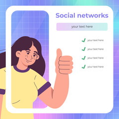 Editable Post Template with cute girl in cartoon style. Social Media Banner for Digital Marketing. Colorful vector illustration with blue purple gradient.