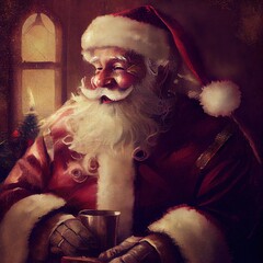 vintage santa claus sitting on a chair with candle light in a room, generative ai