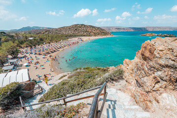 vai beach, crete island, greece: beautiful sandy coast with natural environment near the cretan city of Sitia  - obrazy, fototapety, plakaty