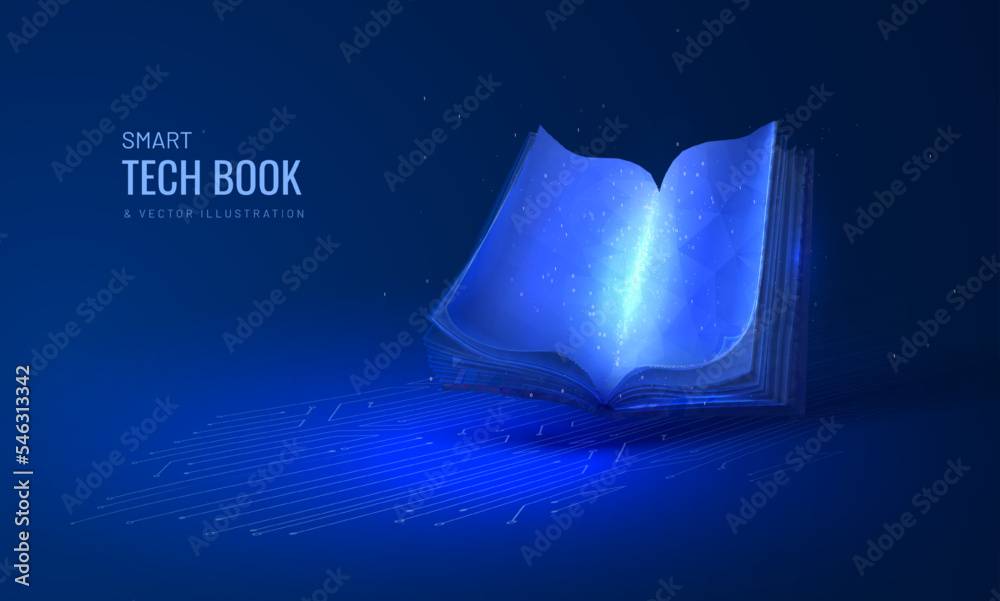 Wall mural digital book for learning in futuristic style. a hologram of a book with a luminous effect on the ba