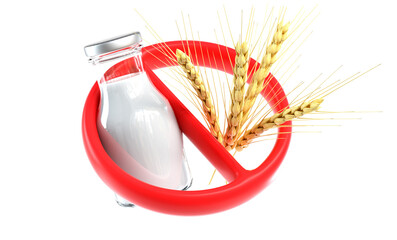 Gluten and lactose free logo. No Gluten no lactose food and drink concept. Bunch of Wheat and Glass of Milk with 