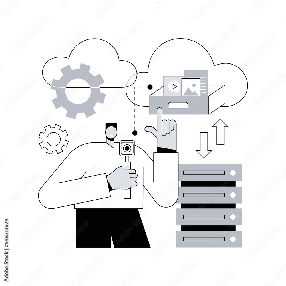 Poster cloud storage abstract concept vector illustration. digital hosted storage, database security, data 