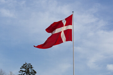 danish flag is waiving in the evening sky