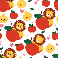 seamless pattern cartoon lion with apple and chick. cute animal wallpaper for textile, gift wrap paper