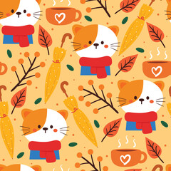 seamless pattern cartoon cat and autumn vibes. cute animal wallpaper for textile, gift wrap paper