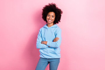 Photo of pretty lovely girl wear blue stylish outfit sportswear empty space recommend nice shop...
