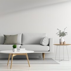 Scandinavian style interior with sofa and coffe table. Empty wall mock up in minimalist interior. 3D illustration.