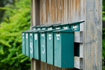 Selective focus shot of green mailboxes on wooden background in Trondheim, Norway