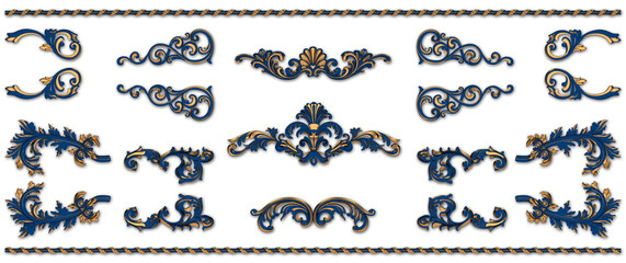 a set of bicolored blue and golden antique retro style design ornaments and embellishments