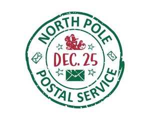 North Pole postal service December 25 grunge rubber stamp design with white background