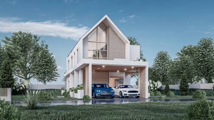 Architectural 3D rendering illustration of modern minimal house with garage and natural scenery background 