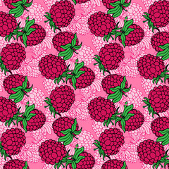 Seamless pattern and background with fresh raspberries on pink background. For wrapping, fabric, wallpaper.