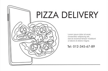 Free pizza delivery concept , smartphone screen with pizza in continuous one line vector drawing. Online buy