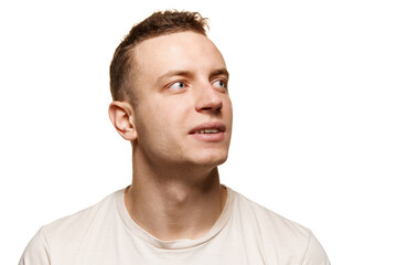 Obraz premium Portrait of young man with smooth shaved face, looking away isolated over white studio background. Concept of men's health, body and skin care