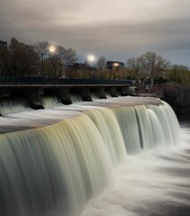 Vertical aerial breathtaking view of Rideau Falls waterfall in Canada, long exposure